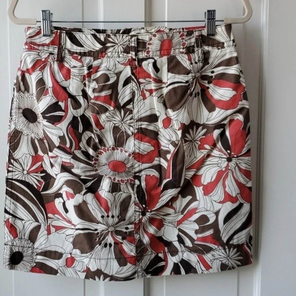 LOFT RETRO MOD BROWN FLORAL COTTON MINI SKIRT 70s GROOVY BROWN CREAM SIZE 6